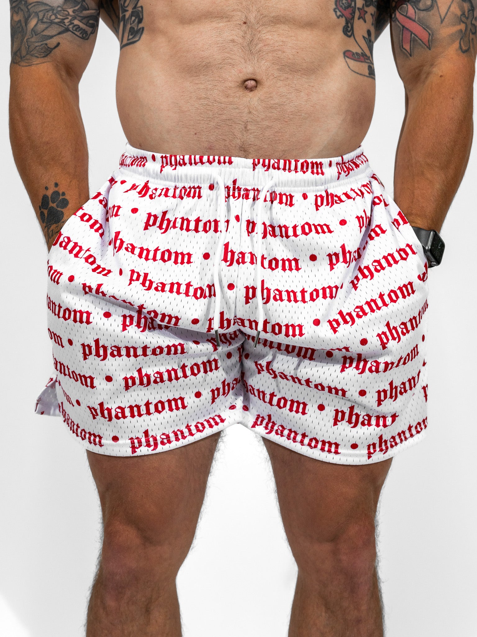 Logo Print Mesh Shorts - White & Red