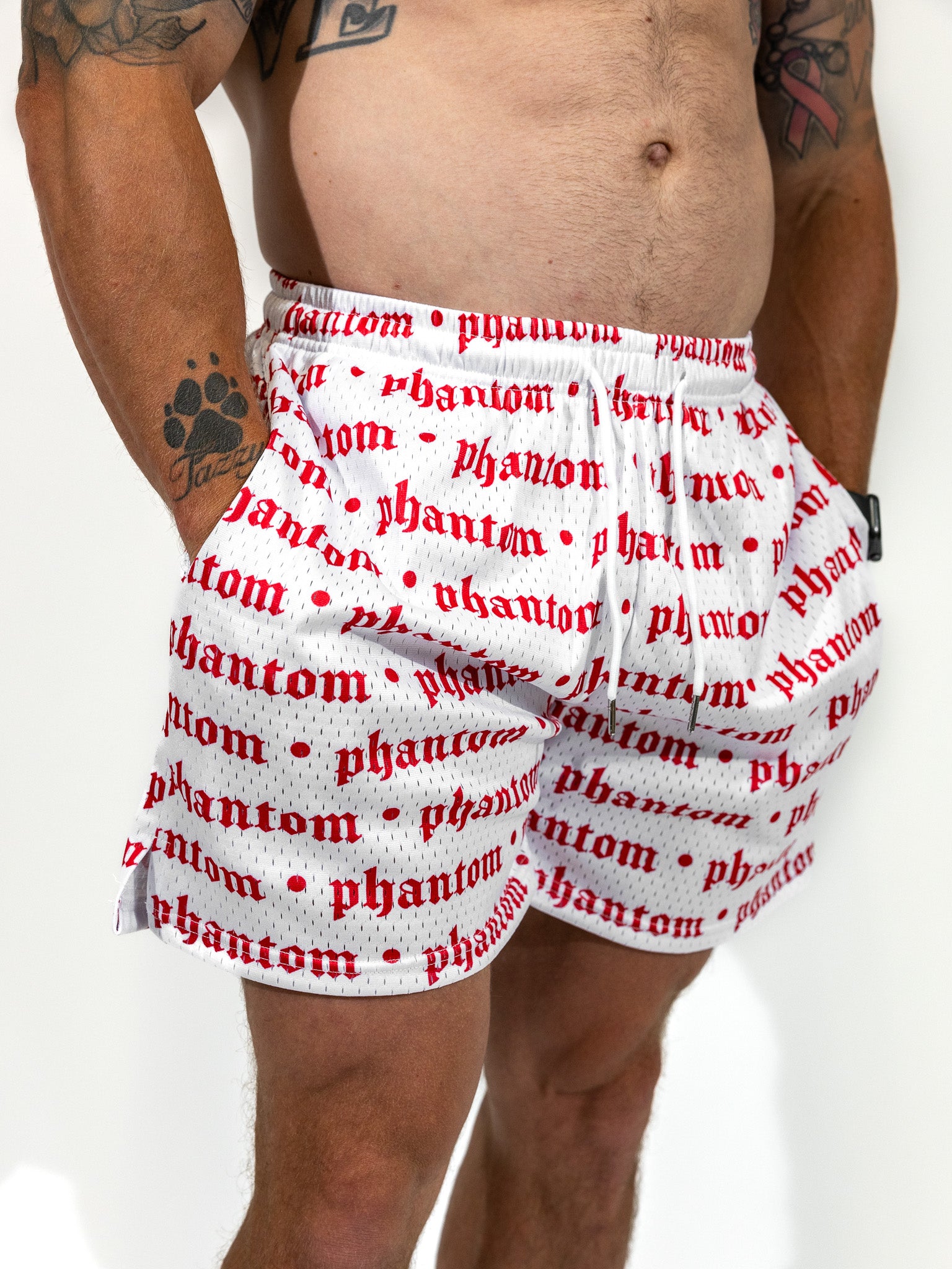 Logo Print Mesh Shorts - White & Red