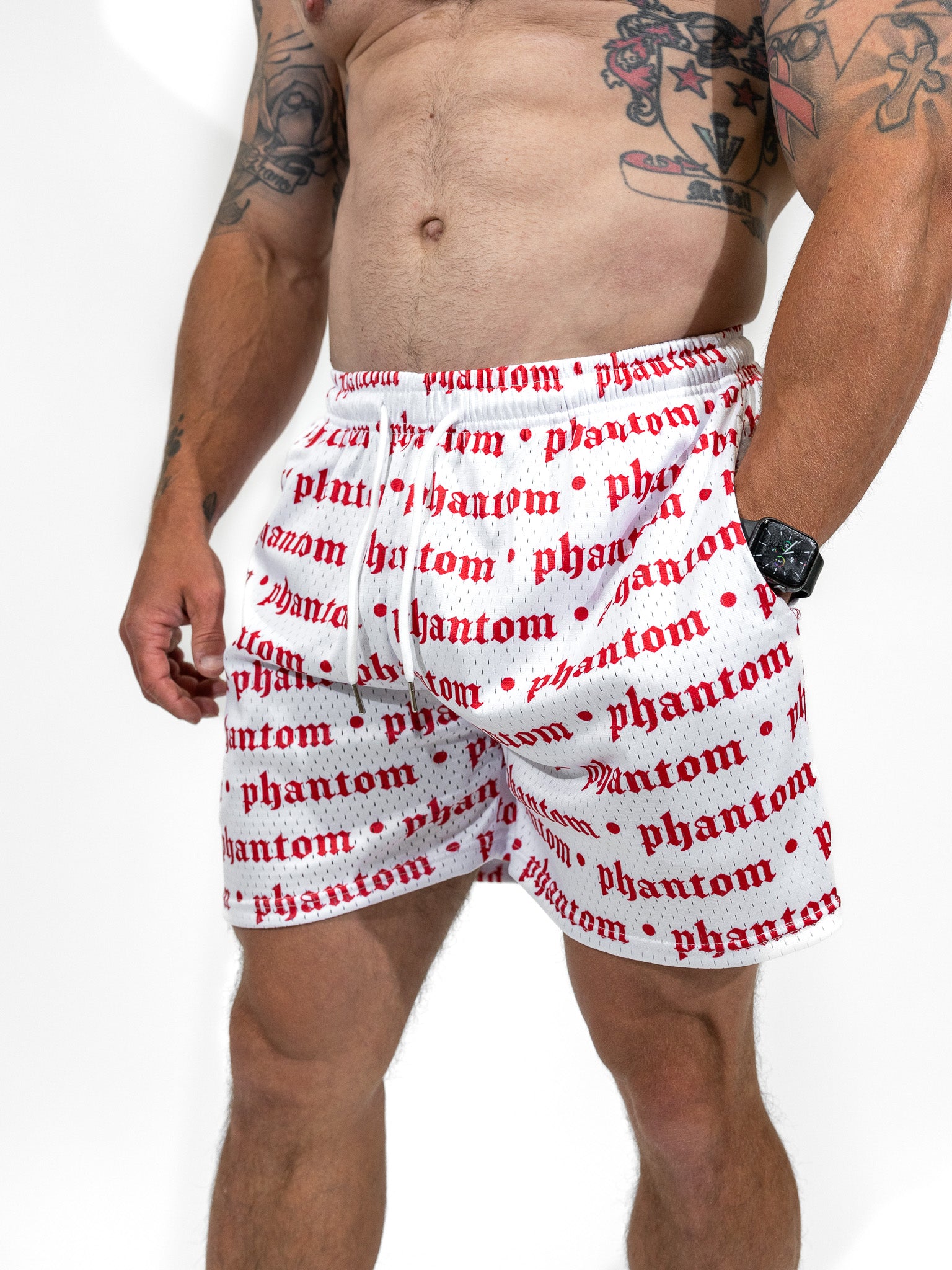 Logo Print Mesh Shorts - White & Red